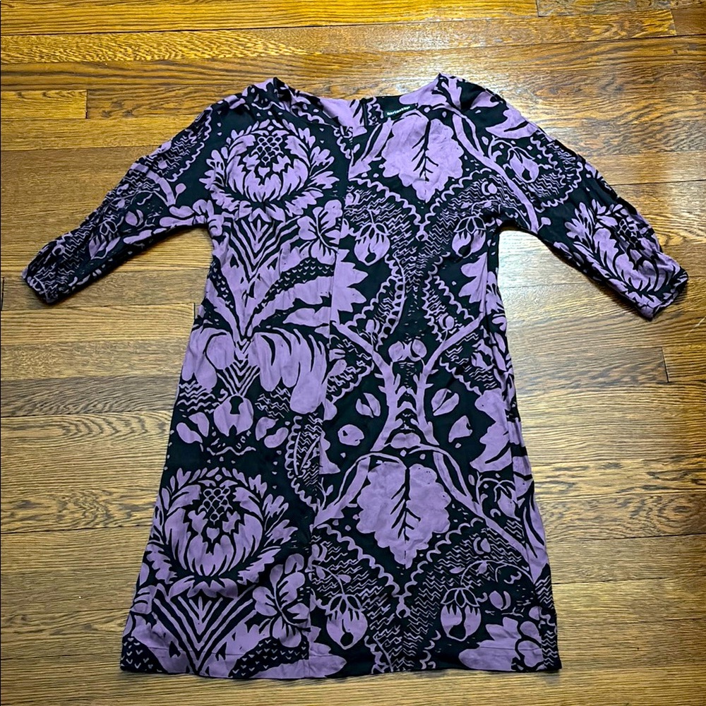 Vintage Marimekko Tunic Dress Zipper Purple Floral Leaf Leaves Baroque Shift